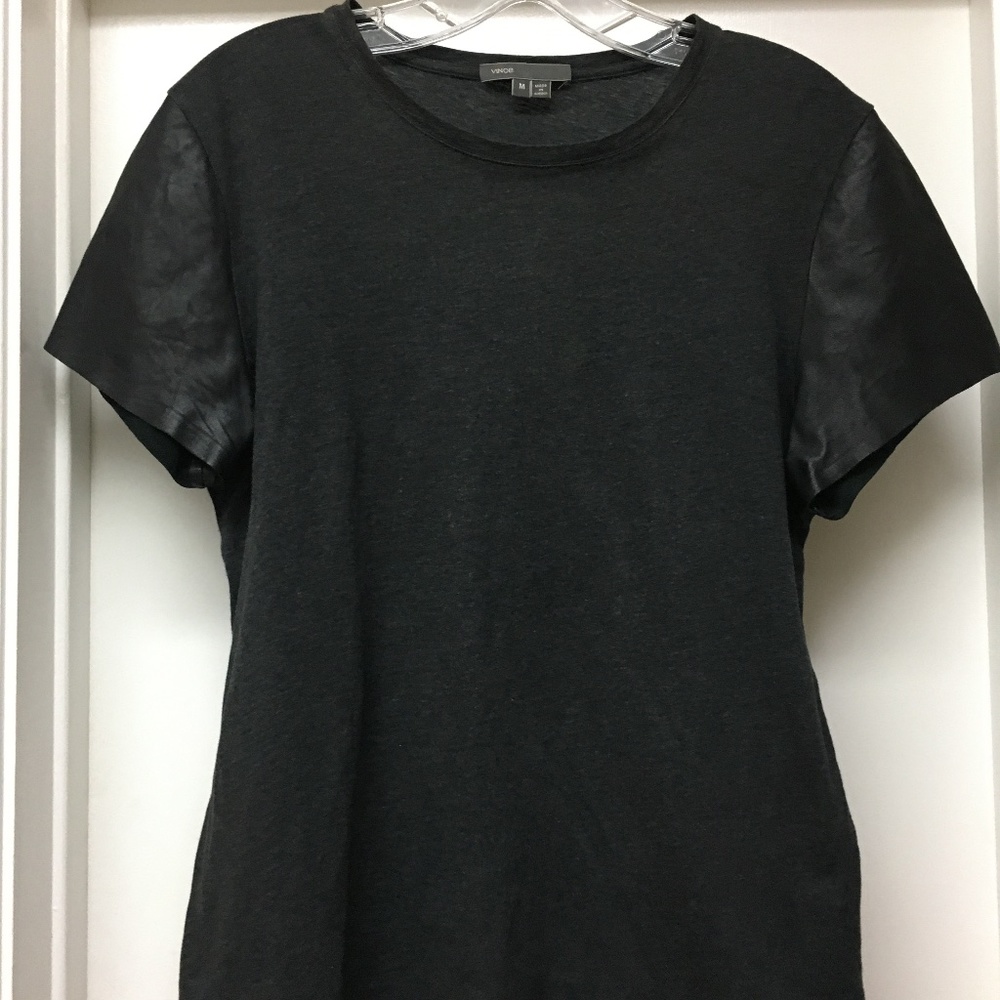 VINCE Cotton Tee Top w Black Lamb Leather Short Sleeves